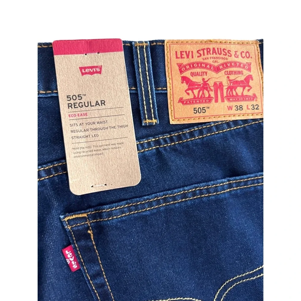 Levis 505 Regular Fit Straight Leg Jeans Mens 38x32 Dark Indigo Blue NWT